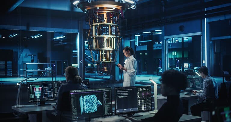 Female Engineer Working on Quantum Computer Hardware, Using Tablet Computer to Access Technical Specifications and Control Processor Parameters. Group of Developers Work on AI Behind a Desk
