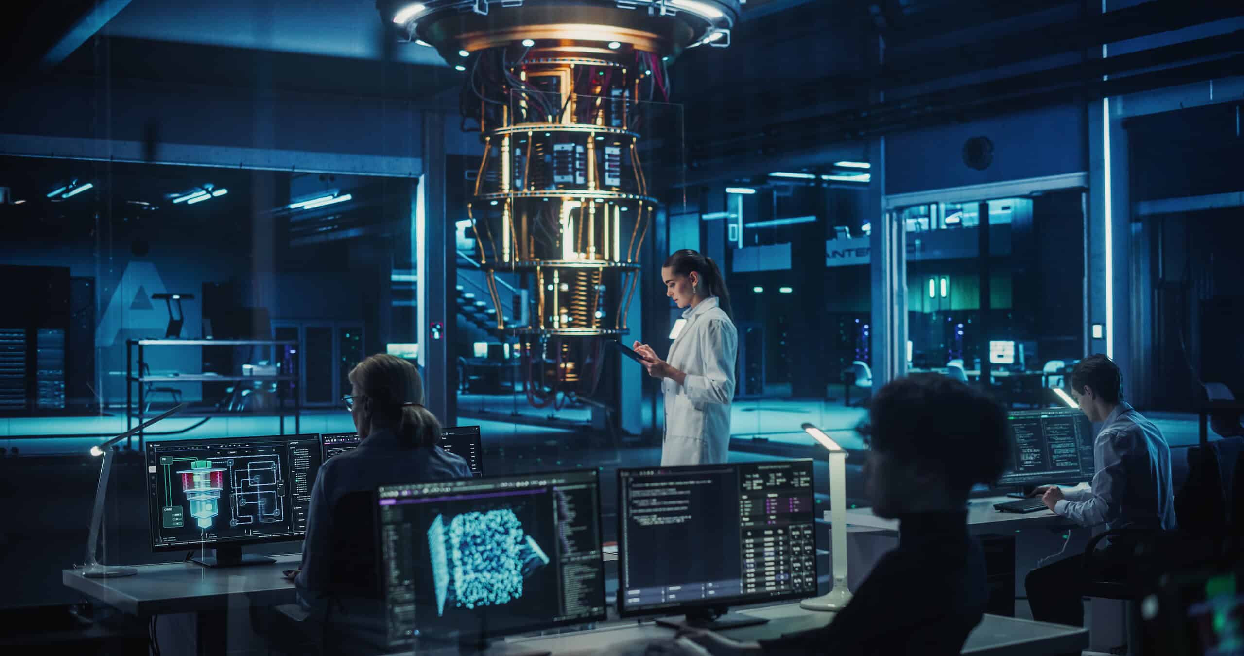 Female Engineer Working on Quantum Computer Hardware, Using Tablet Computer to Access Technical Specifications and Control Processor Parameters. Group of Developers Work on AI Behind a Desk