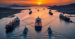 Cargo ships sailing through the Strait of Hormuz at sunset.