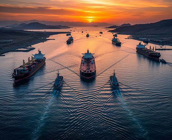 Cargo ships sailing through the Strait of Hormuz at sunset.