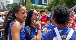 FIFA World Cup 2026 fans wearing Spain and Cape Verde colors gather near the Olympic Rings at Centennial Olympic Park before the match in Atlanta.