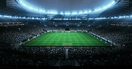 Professional Stadium With Football Game Championship Opening Ceremony. Soccer Teams Line up on the Pitch as Fans Pack the Arena, Creating a Dramatic Pre Match Atmosphere Before Kickoff Begins.