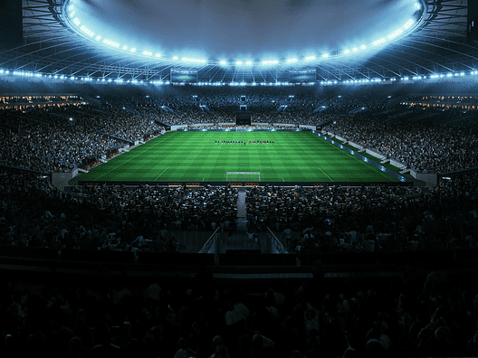 Professional Stadium With Football Game Championship Opening Ceremony. Soccer Teams Line up on the Pitch as Fans Pack the Arena, Creating a Dramatic Pre Match Atmosphere Before Kickoff Begins.
