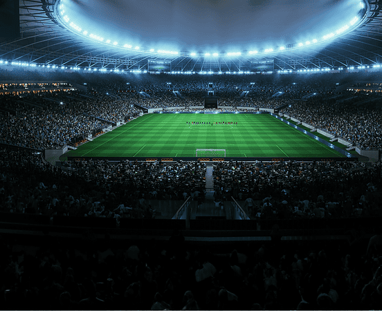 Professional Stadium With Football Game Championship Opening Ceremony. Soccer Teams Line up on the Pitch as Fans Pack the Arena, Creating a Dramatic Pre Match Atmosphere Before Kickoff Begins.