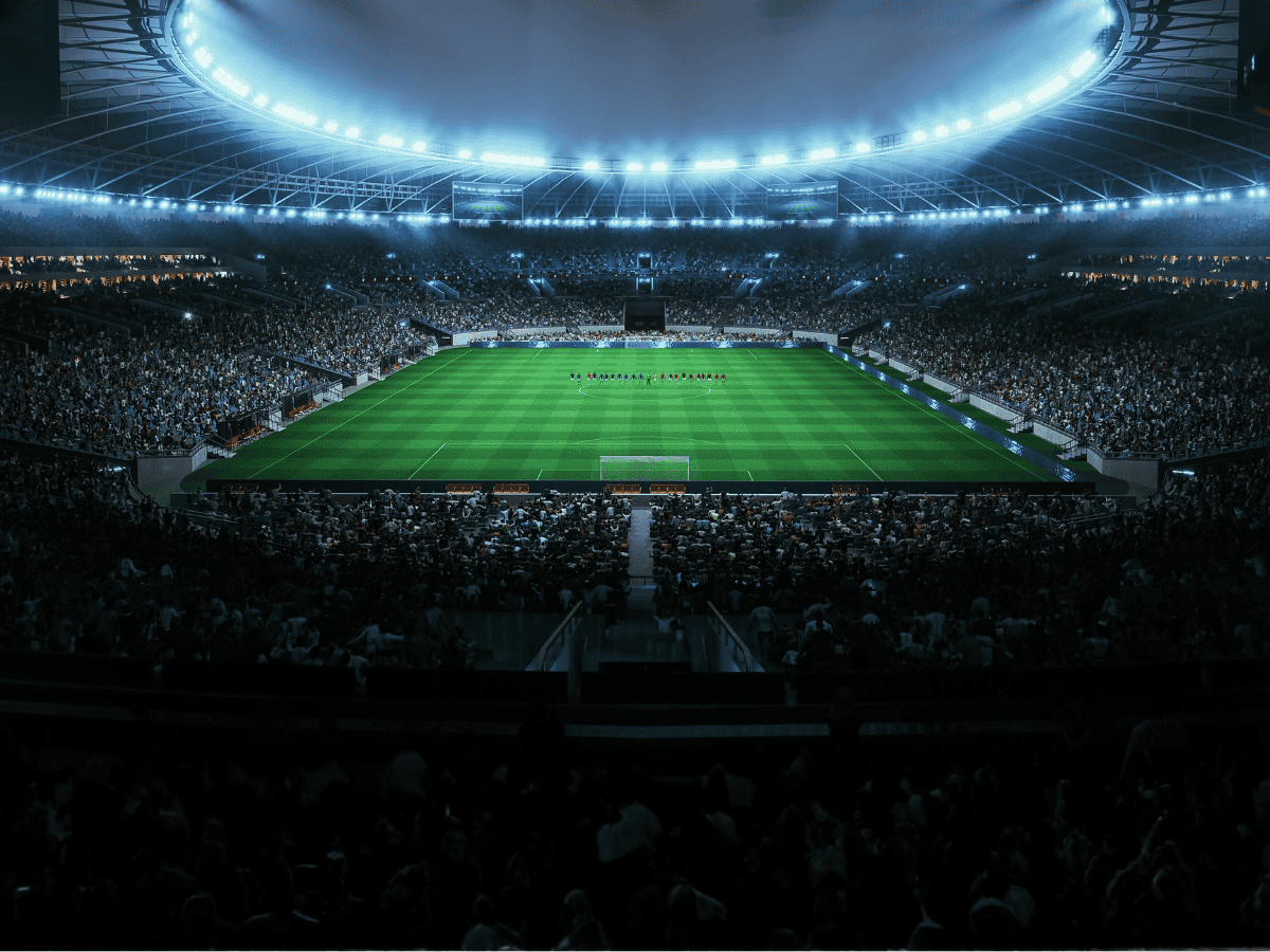 Professional Stadium With Football Game Championship Opening Ceremony. Soccer Teams Line up on the Pitch as Fans Pack the Arena, Creating a Dramatic Pre Match Atmosphere Before Kickoff Begins.