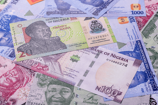 Nigeria money, naira, paper banknotes, cash. Nigerian money for doing business, travelling