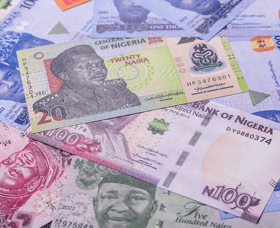 Nigeria money, naira, paper banknotes, cash. Nigerian money for doing business, travelling