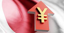 Red arrow with Yen symbol pointing upward, symbolizing financial growth.