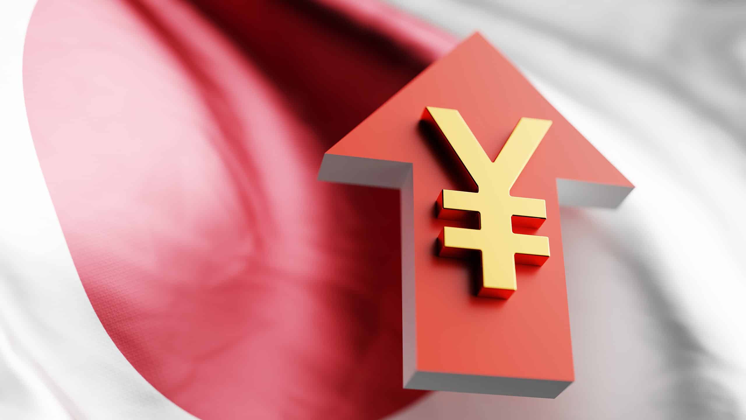 Red arrow with Yen symbol pointing upward, symbolizing financial growth.