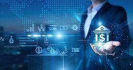 Business professional using digital financial tools with blockchain icons.