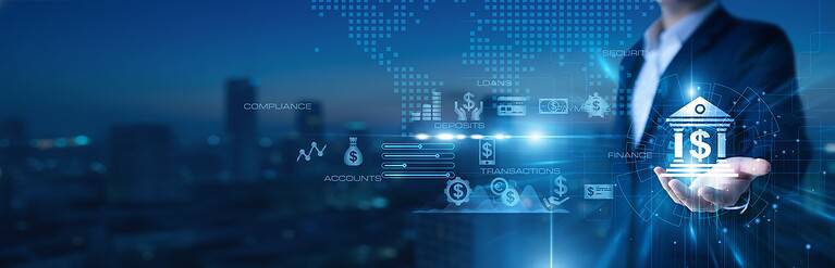 Business professional using digital financial tools with blockchain icons.