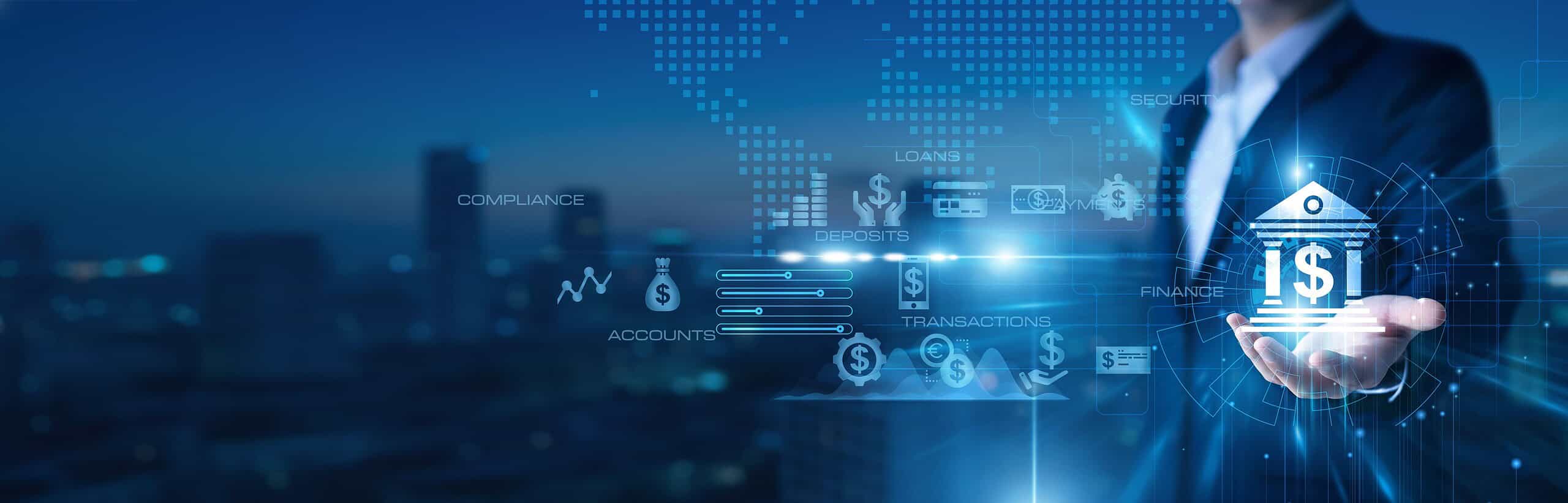 Business professional using digital financial tools with blockchain icons.
