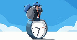 Businessman open clock using binoculars looking for future vision. World economic vision for business, technology or investment. Value increases over time. Flat vector illustration