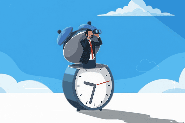 Businessman open clock using binoculars looking for future vision. World economic vision for business, technology or investment. Value increases over time. Flat vector illustration