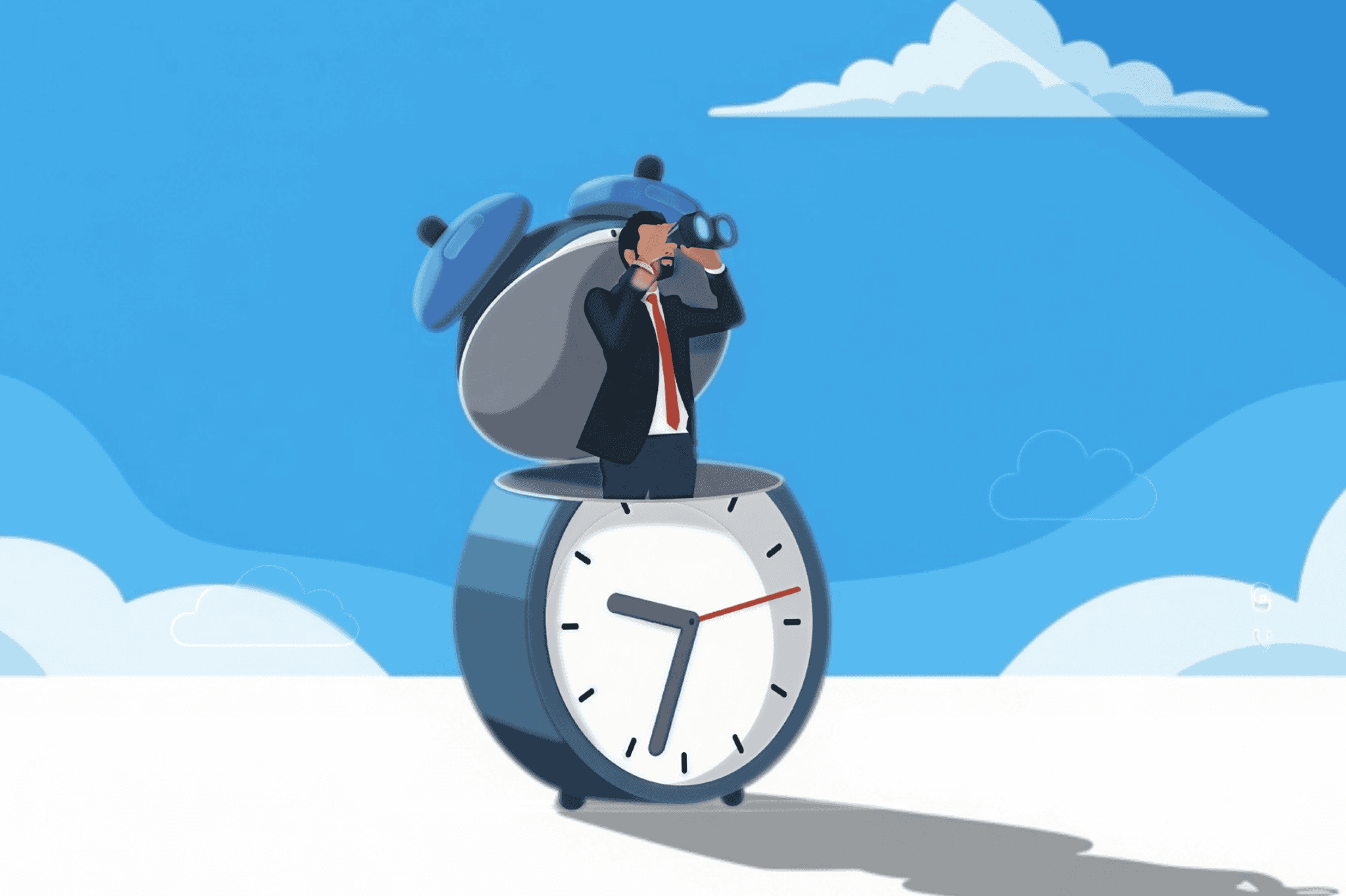 Businessman open clock using binoculars looking for future vision. World economic vision for business, technology or investment. Value increases over time. Flat vector illustration