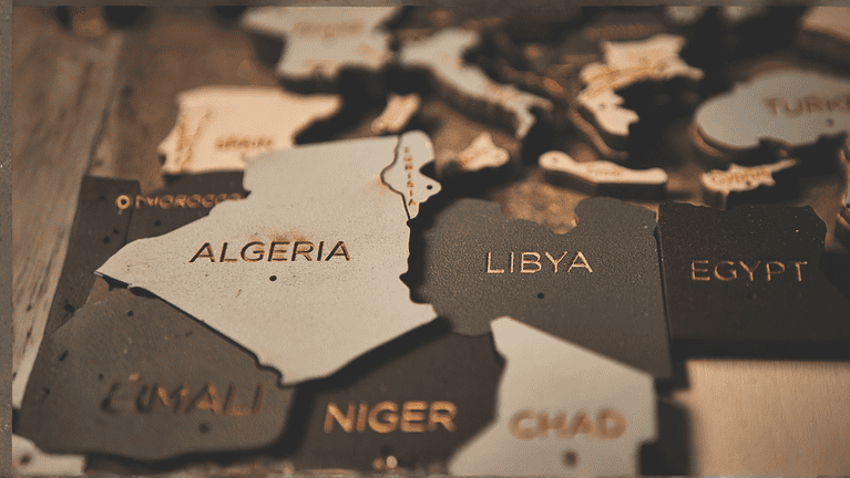 Algeria, Libya and Egypt of wooden map of African continent
