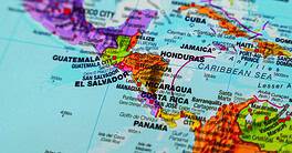 Warsaw, Poland - Dec 5, 2025: A close-up view of a map displaying Central America, highlighting countries like Honduras, Nicaragua, and Guatemala. Ideal for travel concepts.