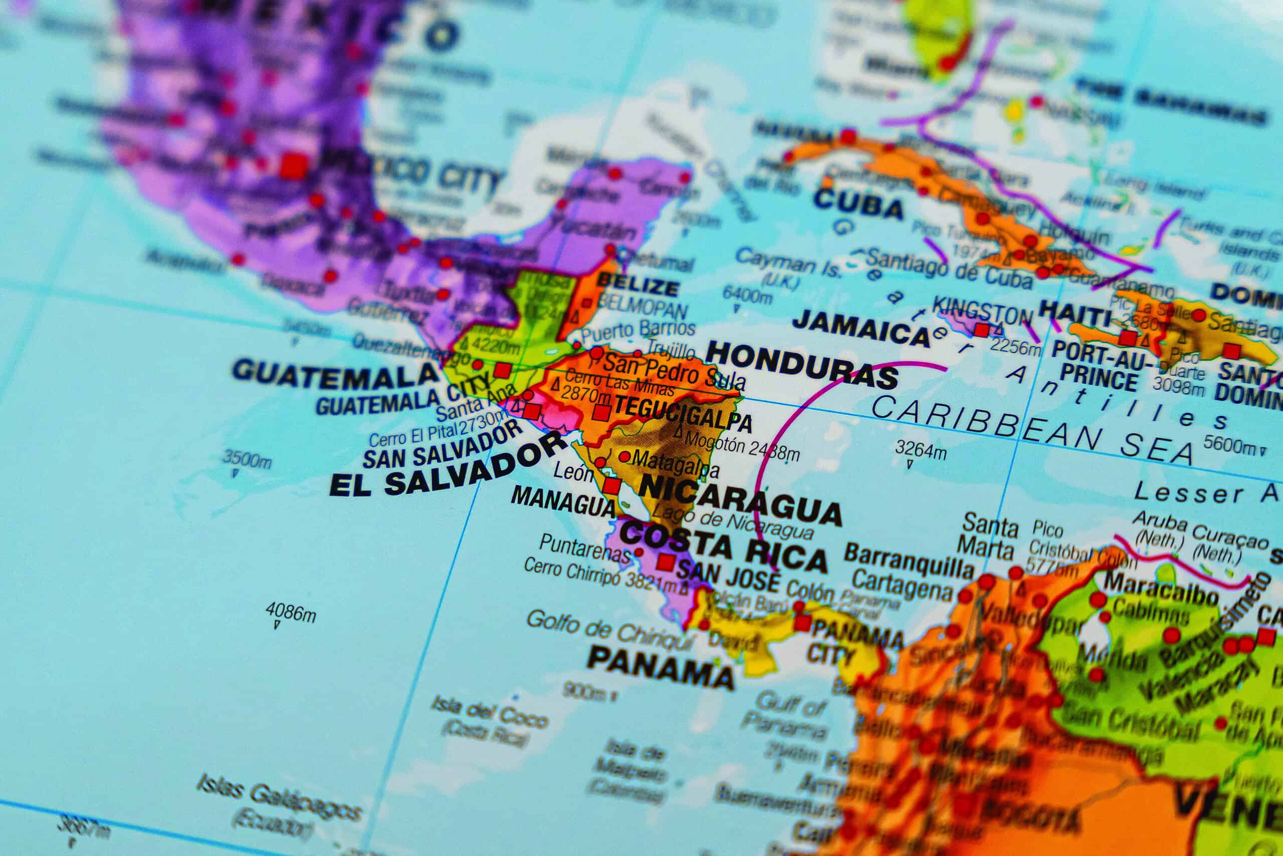 Warsaw, Poland - Dec 5, 2025: A close-up view of a map displaying Central America, highlighting countries like Honduras, Nicaragua, and Guatemala. Ideal for travel concepts.