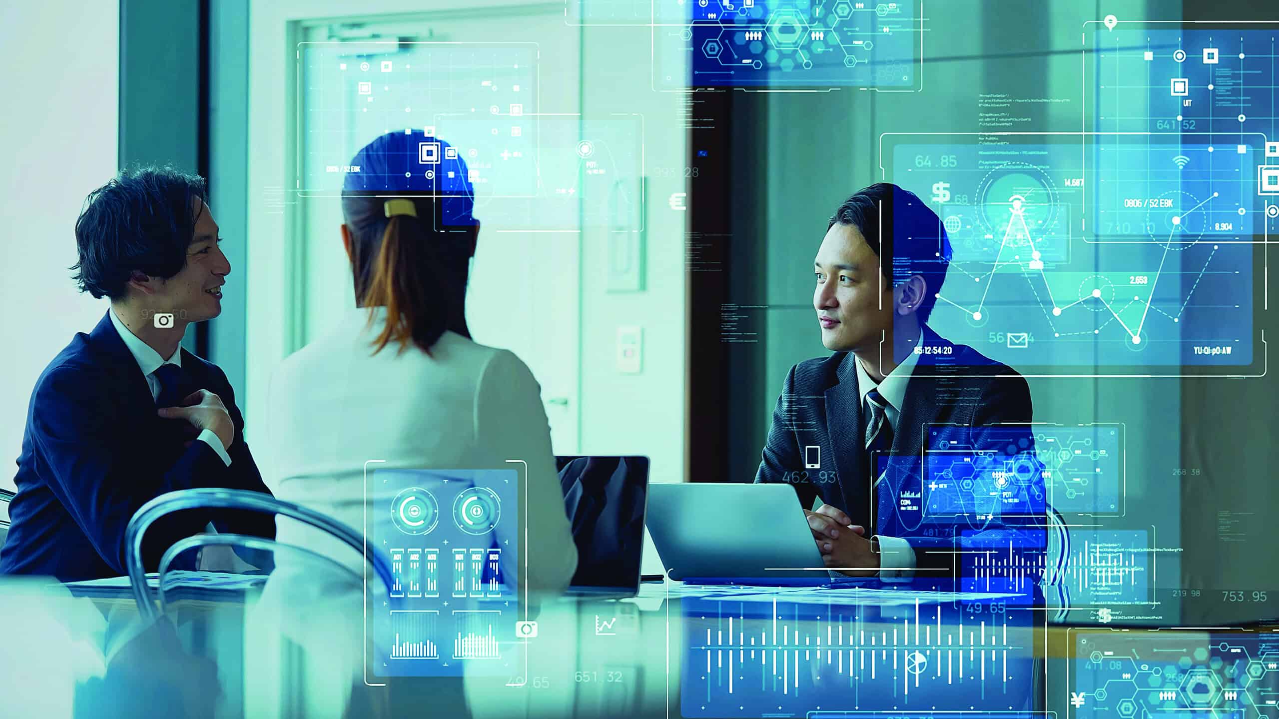 Group of business people meeting with digital technology