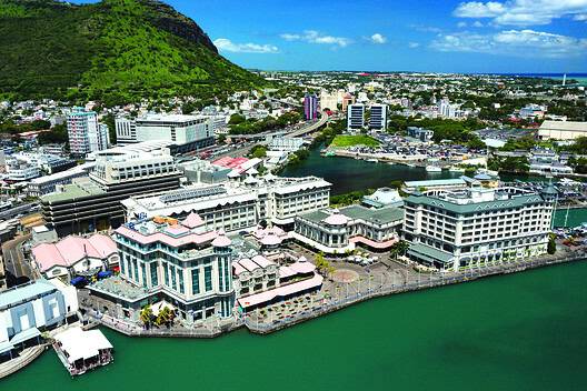 Aerial view: Waterfront of Port Louis, Mauritius island
