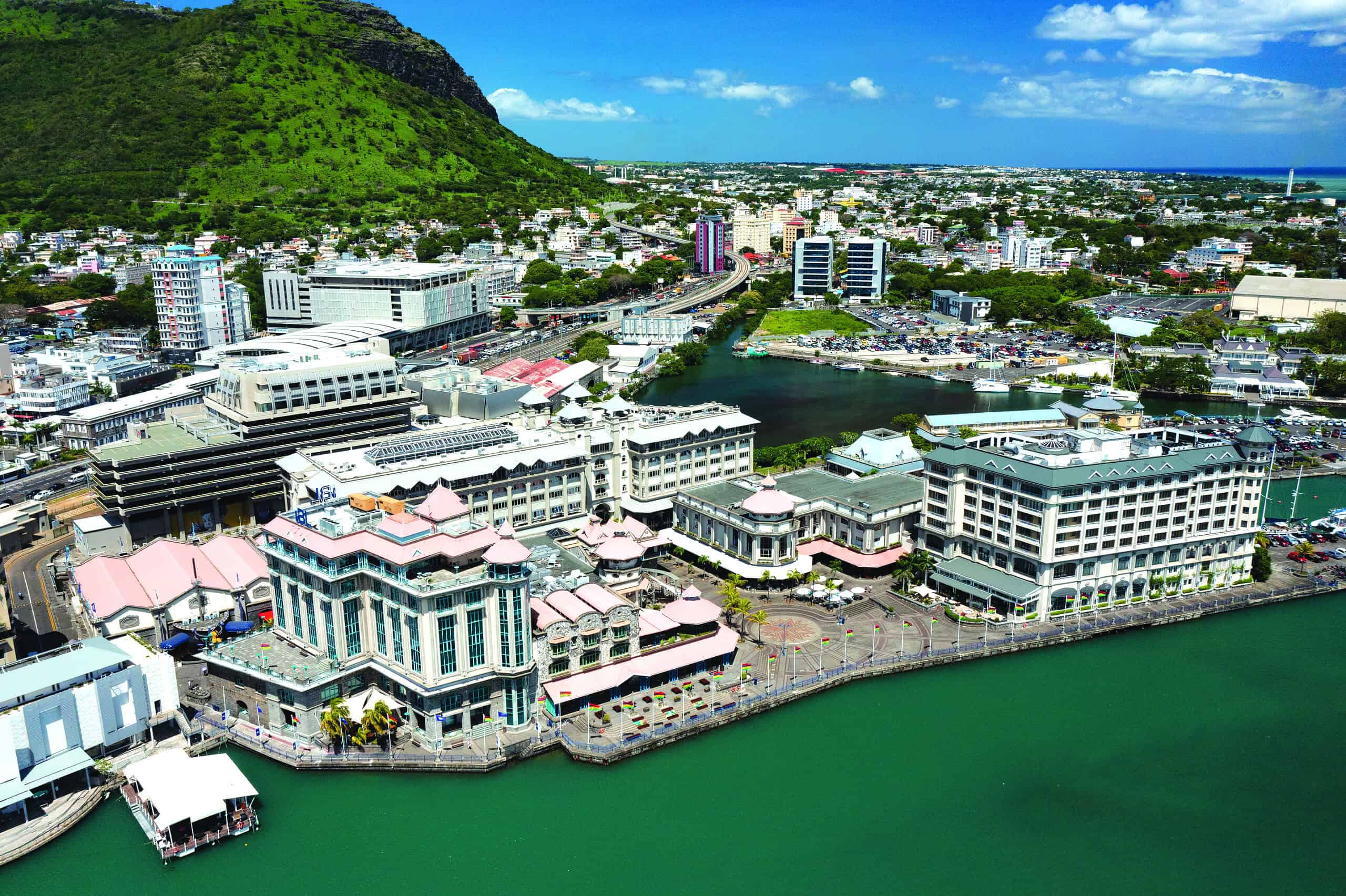 Aerial view: Waterfront of Port Louis, Mauritius island