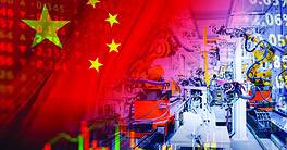 Industrial robotic arms on an automated assembly line are positioned before the Chinese national flag and a backdrop of volatile financial charts. It illustrates the deep integration of advanced manufacturing and robotics into national economic infrastructure. This imagery signals a technological revolution, highlighting risks such as labor displacement, the geopolitical race for industrial dominance, and the vulnerability of global supply chains to shifts in production policy and market stability.