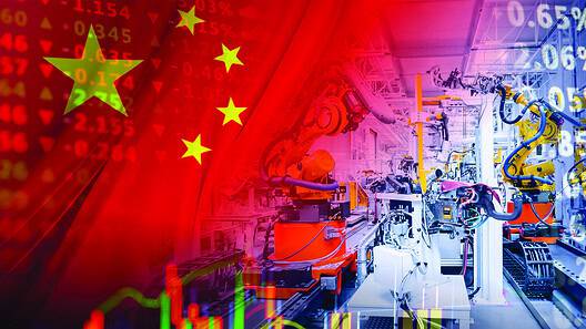 Industrial robotic arms on an automated assembly line are positioned before the Chinese national flag and a backdrop of volatile financial charts. It illustrates the deep integration of advanced manufacturing and robotics into national economic infrastructure. This imagery signals a technological revolution, highlighting risks such as labor displacement, the geopolitical race for industrial dominance, and the vulnerability of global supply chains to shifts in production policy and market stability.