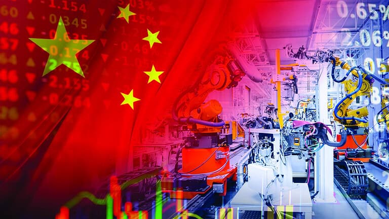 Industrial robotic arms on an automated assembly line are positioned before the Chinese national flag and a backdrop of volatile financial charts. It illustrates the deep integration of advanced manufacturing and robotics into national economic infrastructure. This imagery signals a technological revolution, highlighting risks such as labor displacement, the geopolitical race for industrial dominance, and the vulnerability of global supply chains to shifts in production policy and market stability.