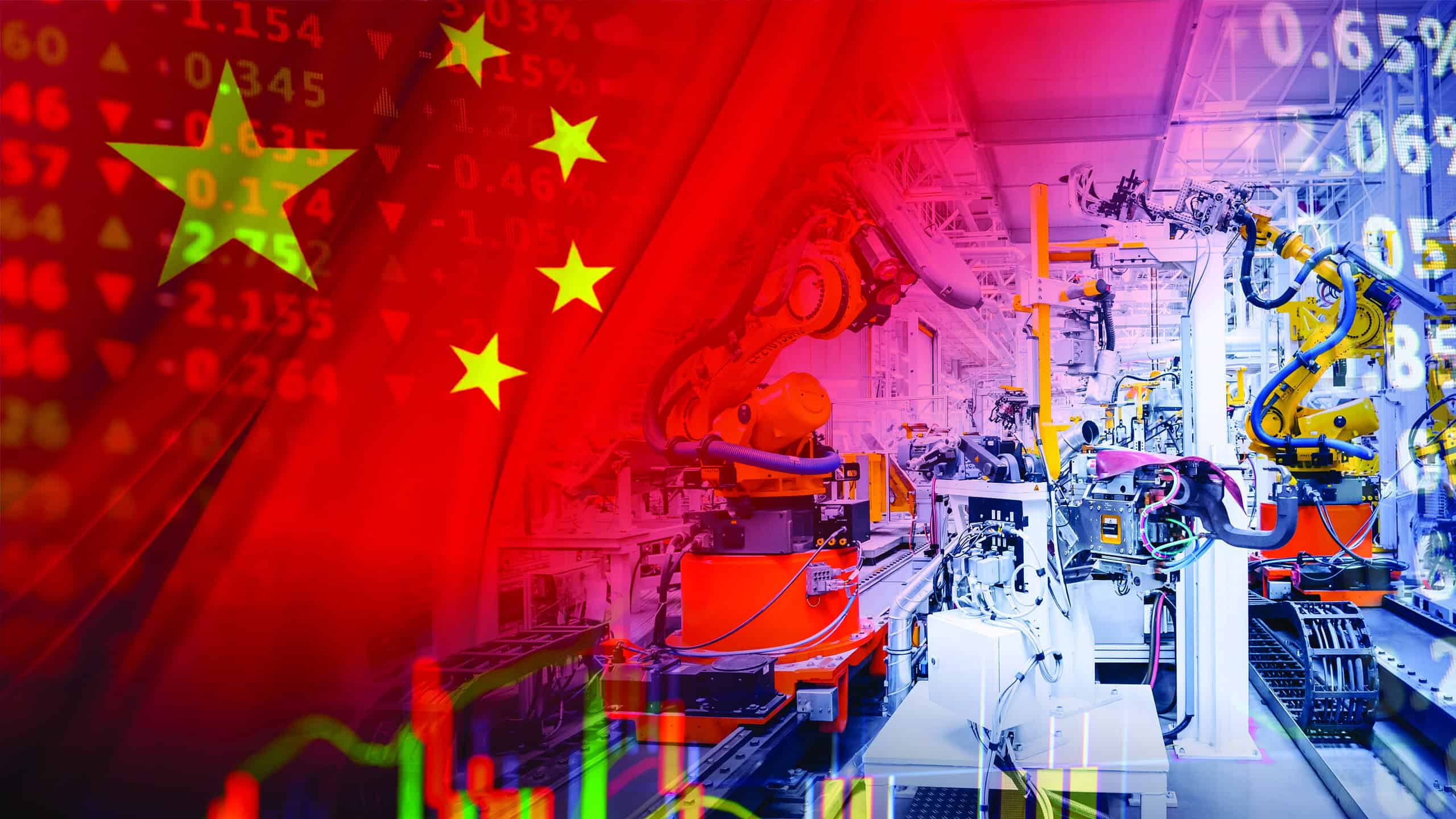 Industrial robotic arms on an automated assembly line are positioned before the Chinese national flag and a backdrop of volatile financial charts. It illustrates the deep integration of advanced manufacturing and robotics into national economic infrastructure. This imagery signals a technological revolution, highlighting risks such as labor displacement, the geopolitical race for industrial dominance, and the vulnerability of global supply chains to shifts in production policy and market stability.