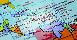 Caribbean Sea on colourful map with spot light effect