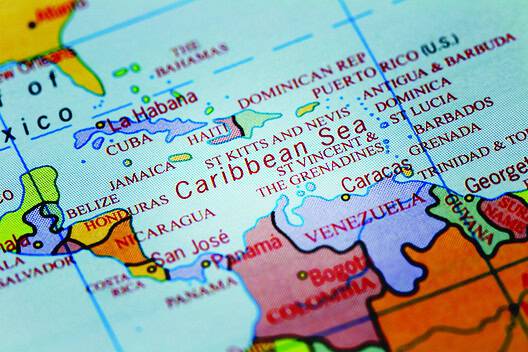 Caribbean Sea on colourful map with spot light effect