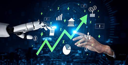 Human and robot hands pointing to a rising financial growth graph.