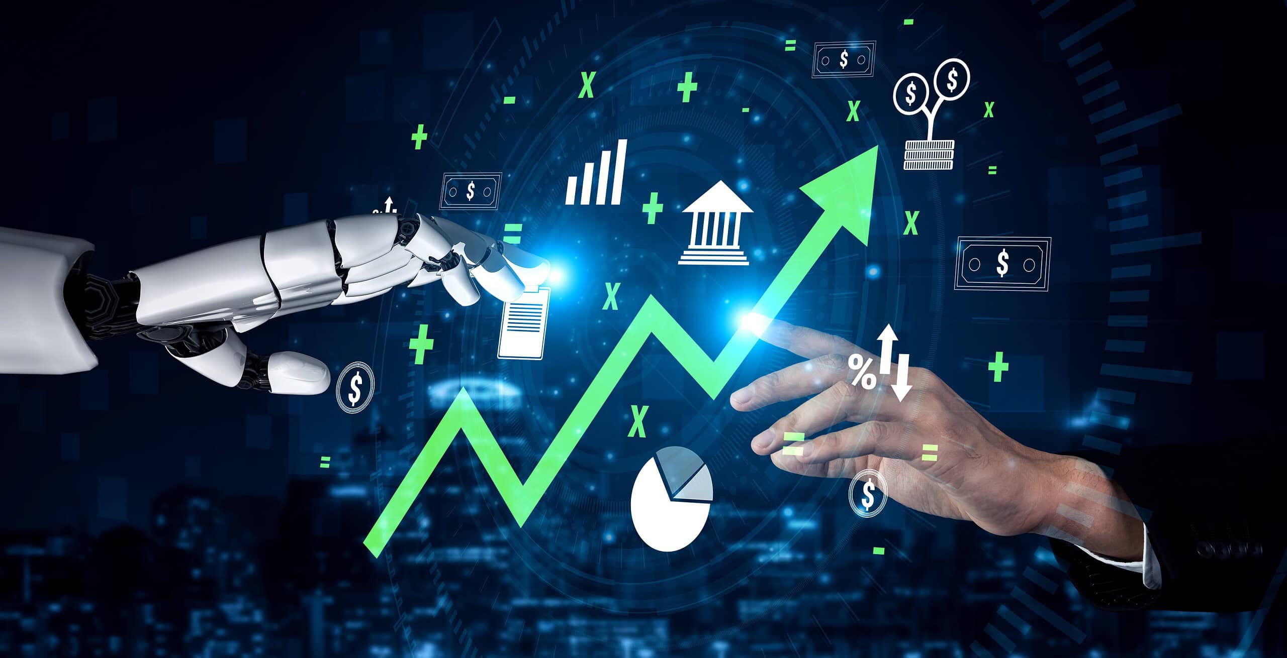 Human and robot hands pointing to a rising financial growth graph.