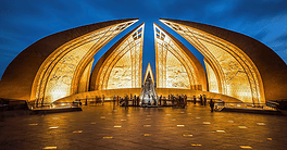 Islamabad, Pakistan - September 05, 2024: The Pakistan Monument National monument that is shaped like a petals. National museum Shakarparian Hills