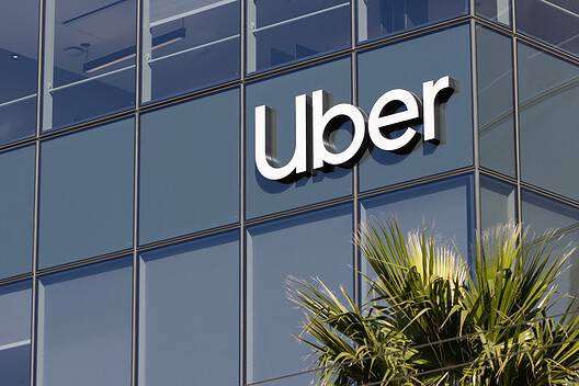 Exterior sign of the Uber headquarters building in San Francisco, California