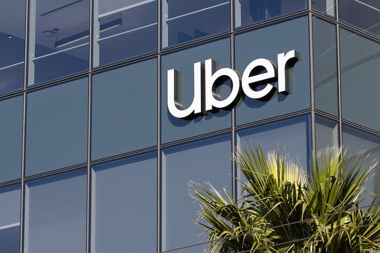 Exterior sign of the Uber headquarters building in San Francisco, California