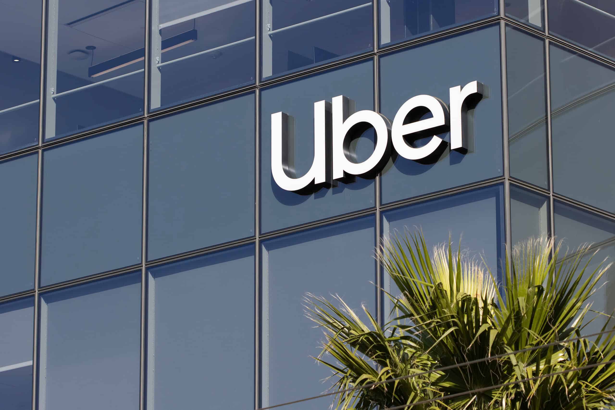 Exterior sign of the Uber headquarters building in San Francisco, California