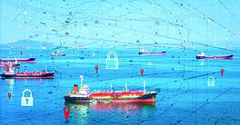 oil tanker ship LPG tanker with digital security lock network. Concept of global energy security, natural gas logistics protection, and maritime Blocking the Strait of Hormuz
