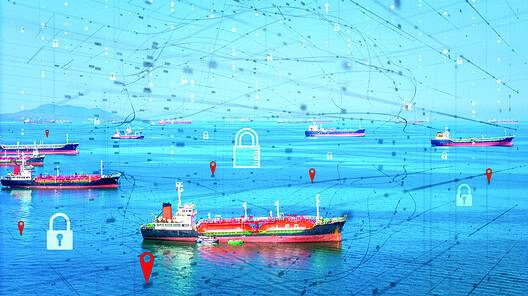 oil tanker ship LPG tanker with digital security lock network. Concept of global energy security, natural gas logistics protection, and maritime Blocking the Strait of Hormuz