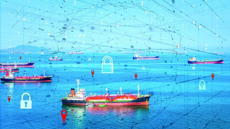 oil tanker ship LPG tanker with digital security lock network. Concept of global energy security, natural gas logistics protection, and maritime Blocking the Strait of Hormuz