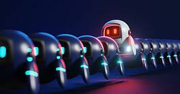 Robotic figure leading a line of robots with neon accents.