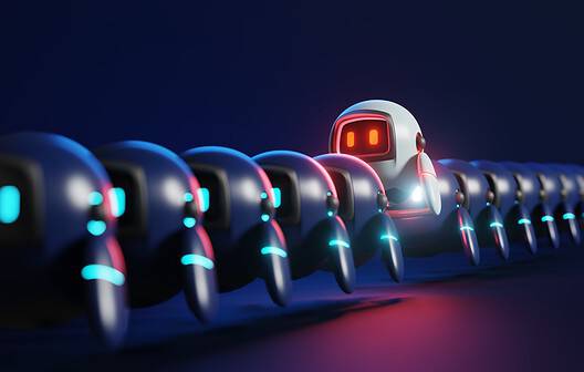 Robotic figure leading a line of robots with neon accents.