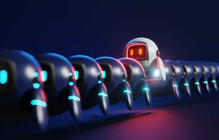 Robotic figure leading a line of robots with neon accents.
